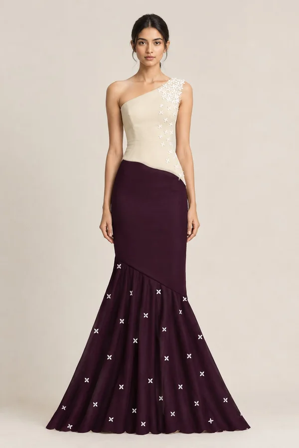 Ivory & Plum Floral Embellished Mermaid Gown