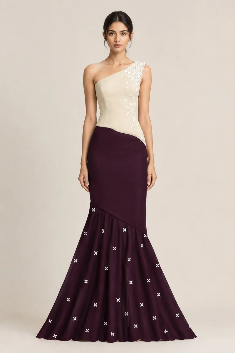 Ivory & Plum Floral Embellished Mermaid Gown