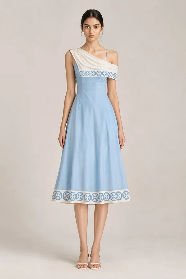 Light Blue Draped Asymmetric Midi Dress