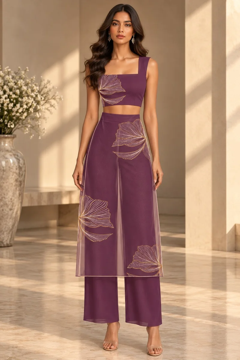 Deep Plum Gold-Embroidered Co-Ord Set with Sheer Tunic Overlay