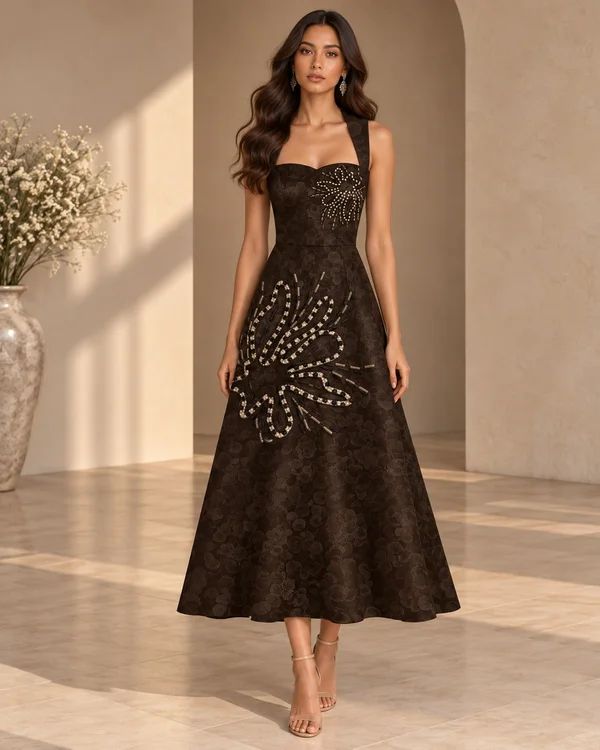 Elegant Beaded Floral A-line Midi Dress